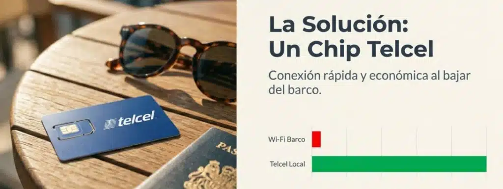 Telcel chip on a table with sunglasses, promoting fast and affordable Wi-Fi connection after disembarking.