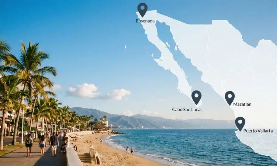 Stunning beach view in Mexico with mapped destinations: Ensenada, Cabo San Lucas, Mazatlán, and Puerto Vallarta.