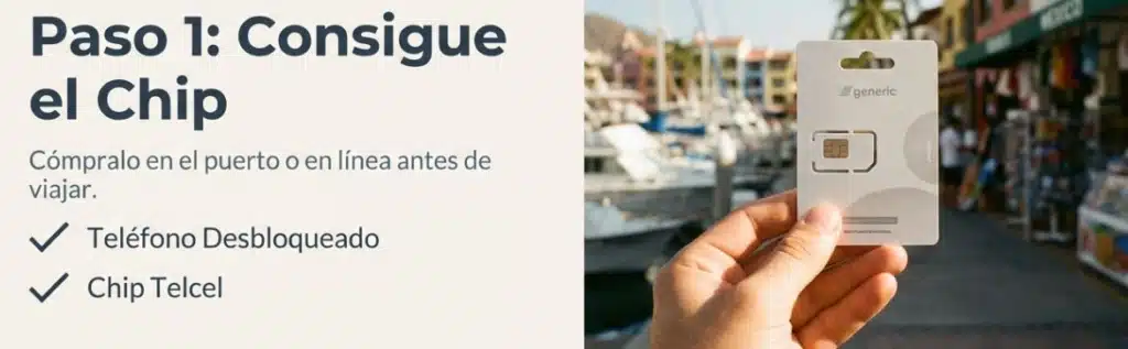 Hand holding a Telcel SIM card with instructions for purchasing before travel in a coastal setting.