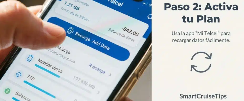 Alt text: Hand holding a smartphone displaying the Mi Telcel app for data recharge and plan activation instructions.