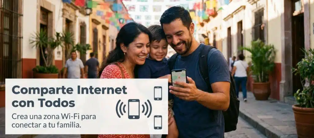 A family smiles while sharing a smartphone in a vibrant street, promoting the benefits of Wi-Fi sharing.
