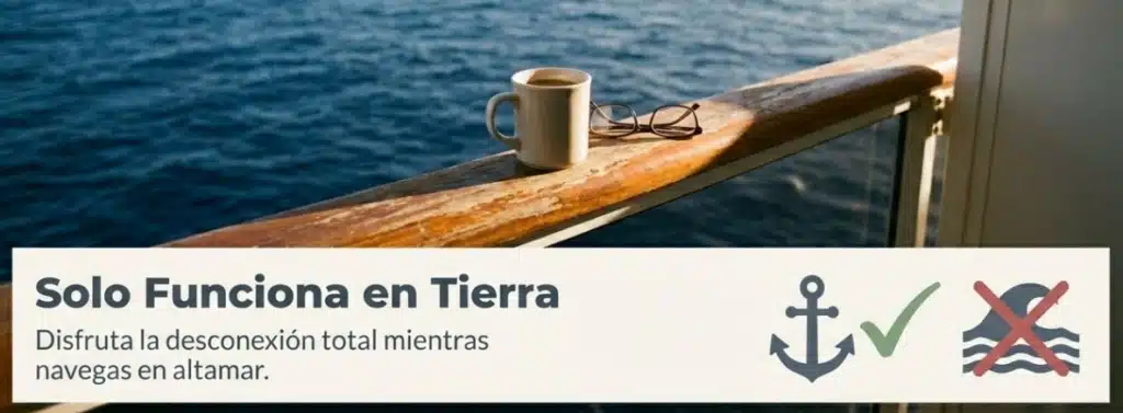 Coffee cup and glasses on a ship's railing, with ocean view, promoting total disconnection while sailing.
