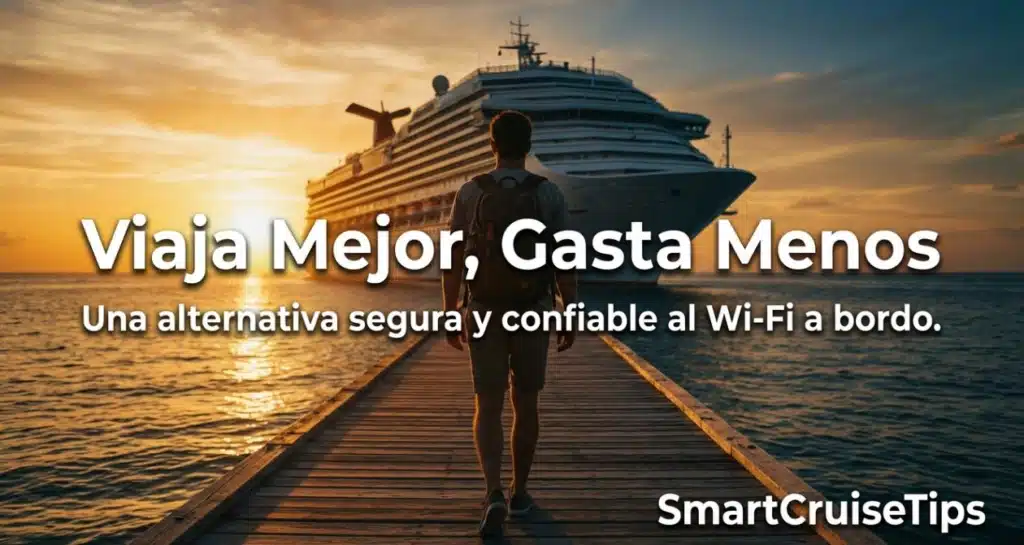 Traveler walking towards a cruise ship at sunset, promoting affordable onboard Wi-Fi alternative by SmartCruiseTips.