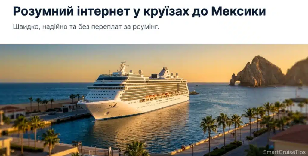 Luxury cruise ship in Mexico with palm trees and sunset, highlighting fast and reliable internet services onboard.