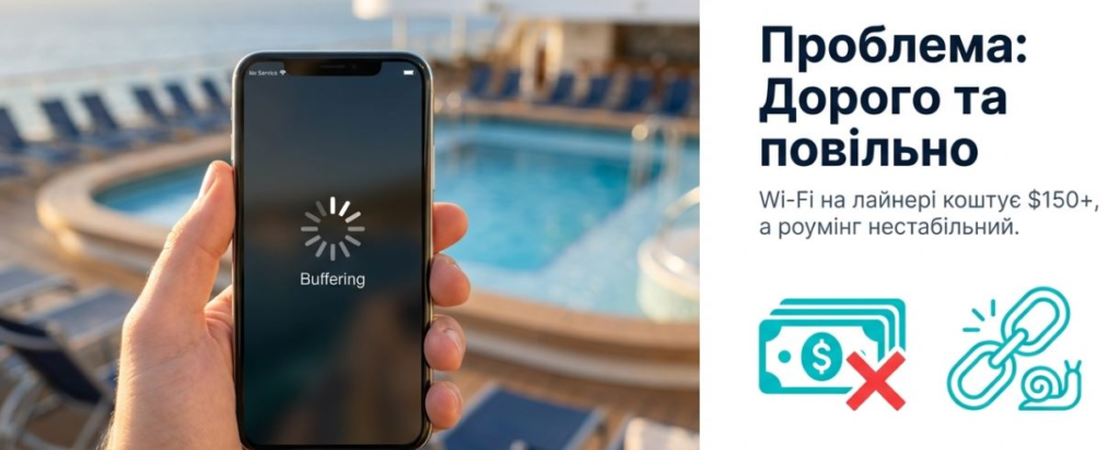 Person holding a smartphone displaying buffering icon near a pool, highlighting expensive Wi-Fi issues.
