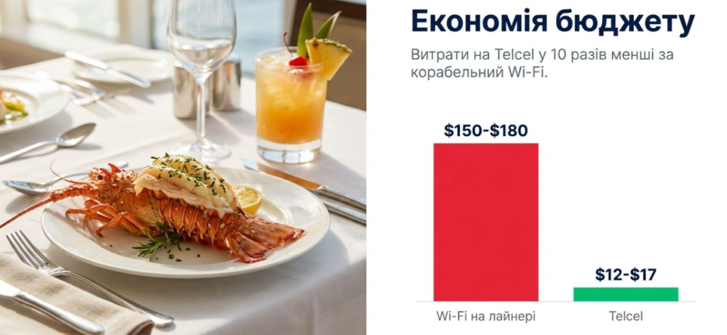 Luxurious lobster dish paired with a refreshing cocktail, highlighting budget-friendly Wi-Fi costs aboard ships.