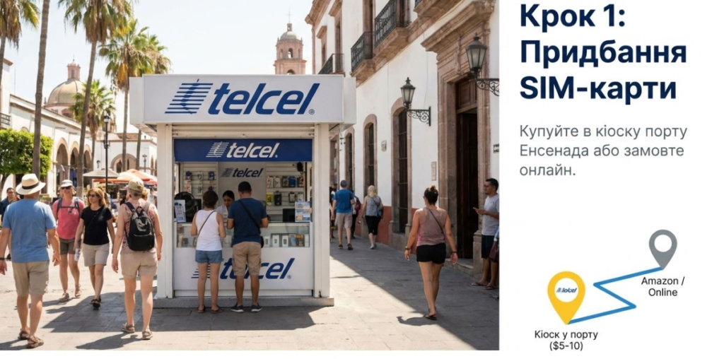 People purchasing SIM cards at a Telcel kiosk in Ensenada, highlighting online options for convenience.