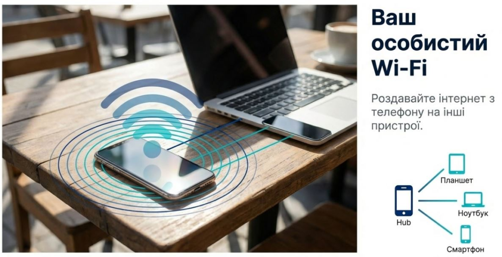 Smartphone sharing Wi-Fi with laptop on a wooden table, promoting portable internet access for various devices.
