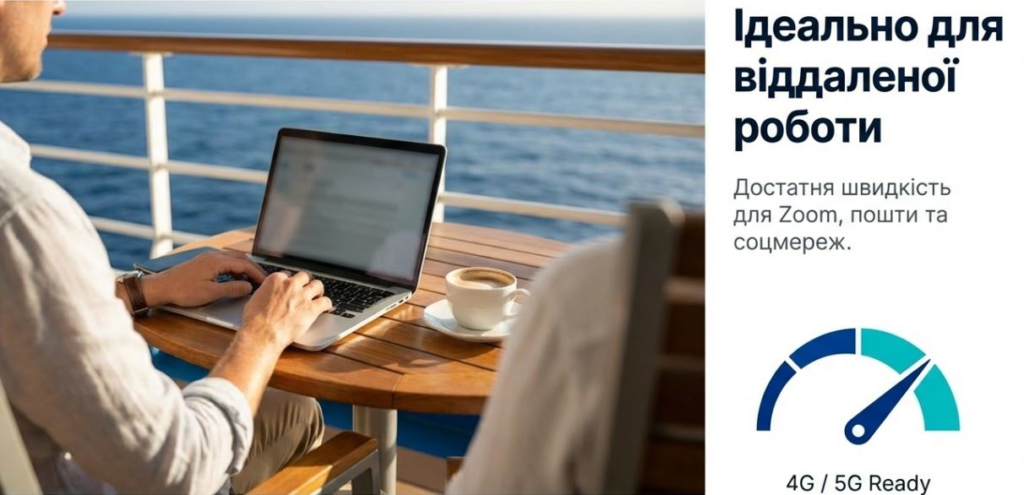 A person works remotely on a laptop by the sea, enjoying coffee and a fast internet connection. Ideal for video calls.