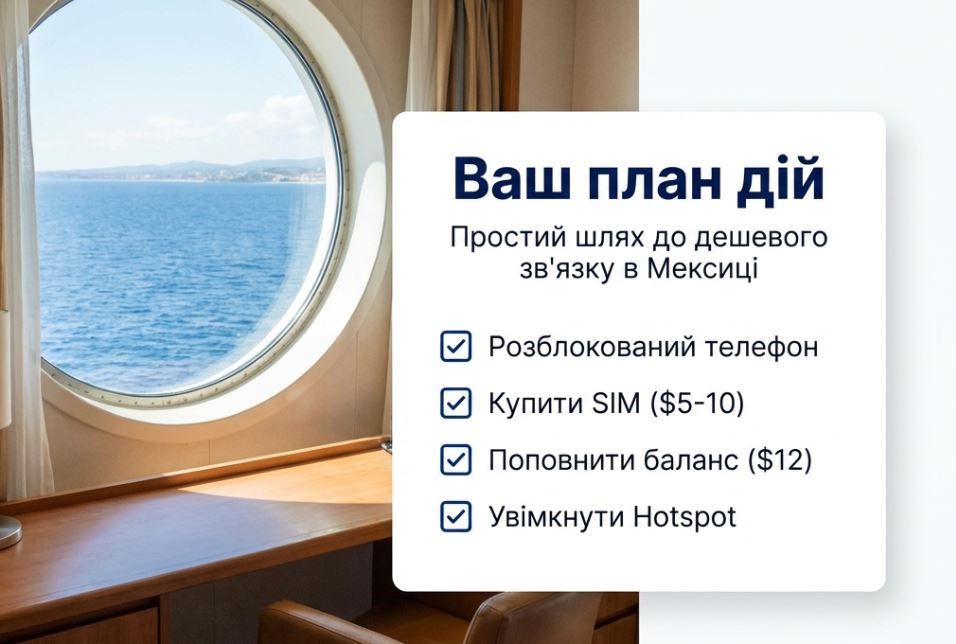 A scenic view from a cruise ship window with a plan for affordable communication in Mexico.