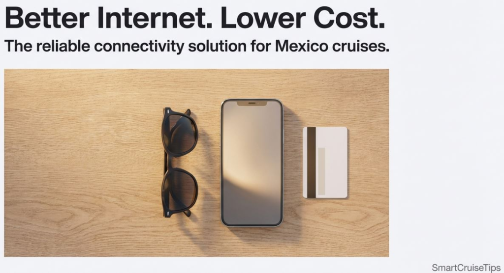 Alt text: Smartphone, sunglasses, and card on wood surface, promoting affordable internet solutions for Mexico cruises.