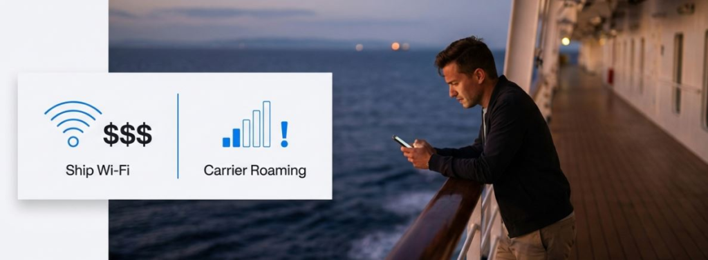 Man using a smartphone on a cruise ship, considering ship Wi-Fi and carrier roaming options over the ocean.
