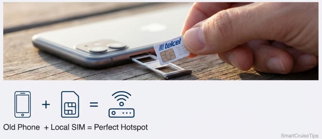 Person inserting a local SIM card into an old phone, demonstrating how to create a mobile hotspot.