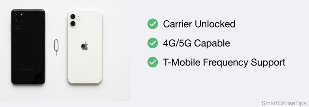 Image of a Samsung and Apple smartphone with features: carrier unlocked, 4G/5G capable, T-Mobile frequency support.