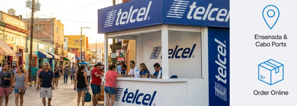 Telcel kiosk at Ensenada, offering services for travelers to Cabo; includes online order options.