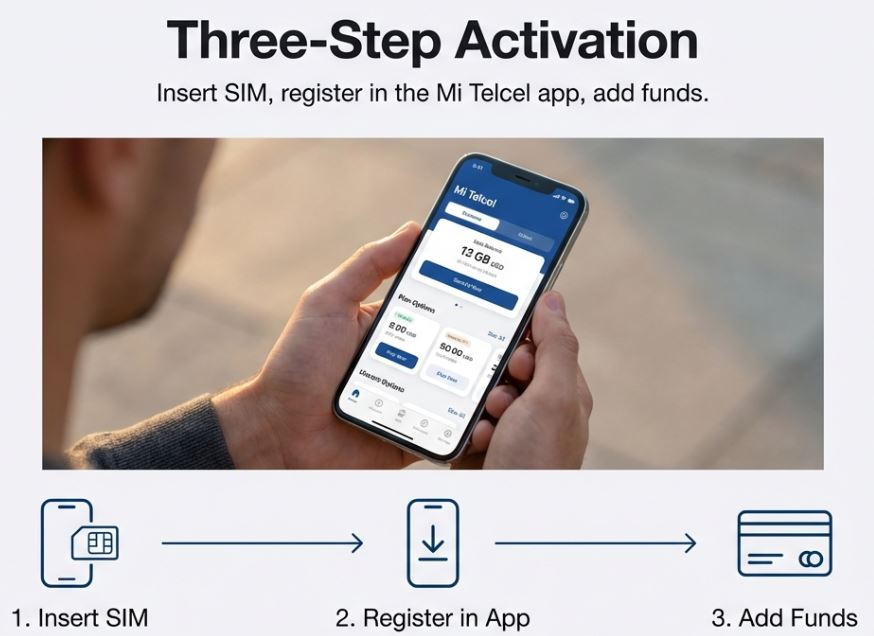Alt text: Phone displaying Mi Telcel app with three-step activation process: Insert SIM, register, and add funds.