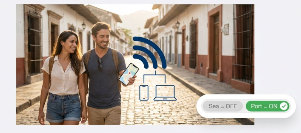 A couple walks through a picturesque street, using a smartphone with a connectivity symbol in the background.