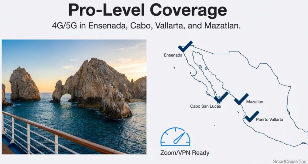 Coastal view of rock formations with a map highlighting 4G/5G coverage in Ensenada, Cabo, Vallarta, and Mazatlan.