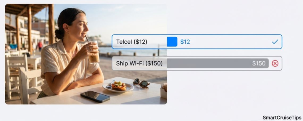 Woman enjoying a drink at a beachside cafe while comparing internet options: Telcel for $12 vs. Ship Wi-Fi for $150.