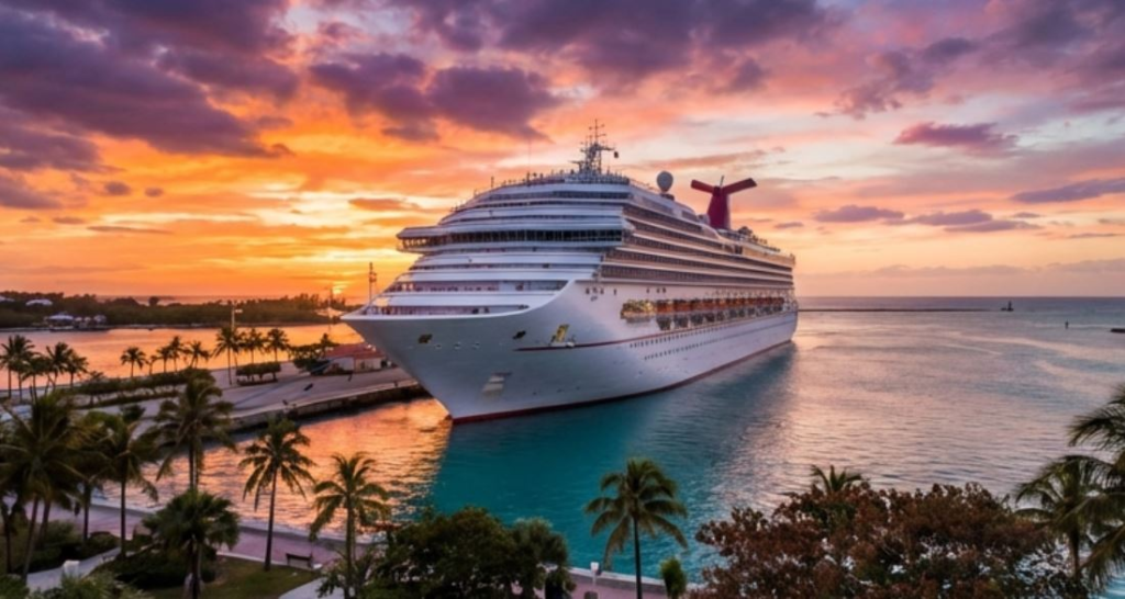 Cruise ship docked at sunset with colorful sky and palm trees in the foreground, perfect for tropical vacation dreams.