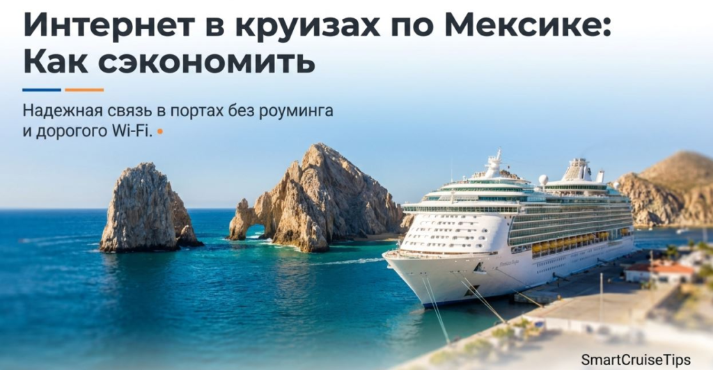 Large cruise ship docked in a scenic Mexican port, showcasing tips for cost-effective internet use at sea.