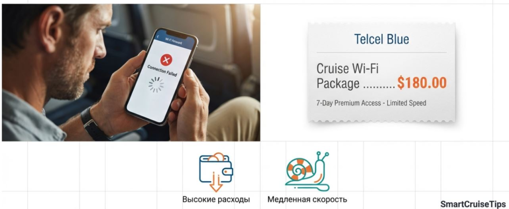 Man frustrated by failed Wi-Fi connection on smartphone while exploring Telcel Blue Cruise Wi-Fi package options.