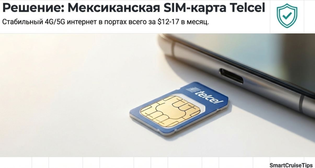 Alt text: Telcel Mexican SIM card for stable 4G/5G internet, costing $12-17 per month, next to a smartphone.