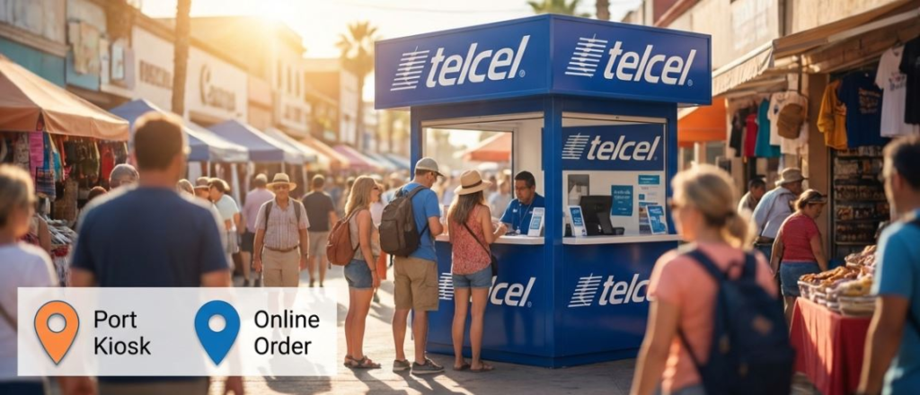 Telcel kiosk in a vibrant market, showcasing mobile services with options for online order and in-person assistance.