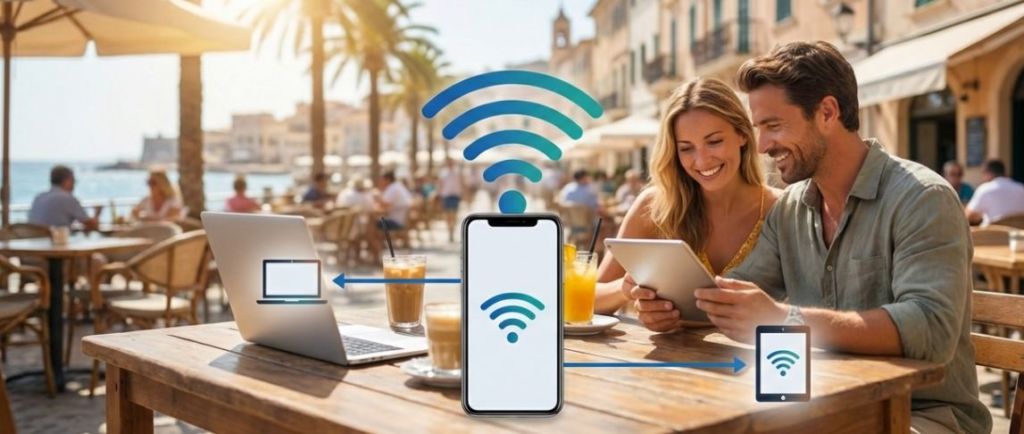 Couple enjoying coffee outdoors with devices, connected via Wi-Fi, showcasing a vibrant café atmosphere.