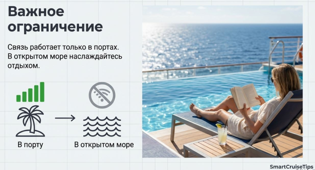 Relaxing by the pool on a cruise, enjoying the view, with a note on connectivity only available at ports.