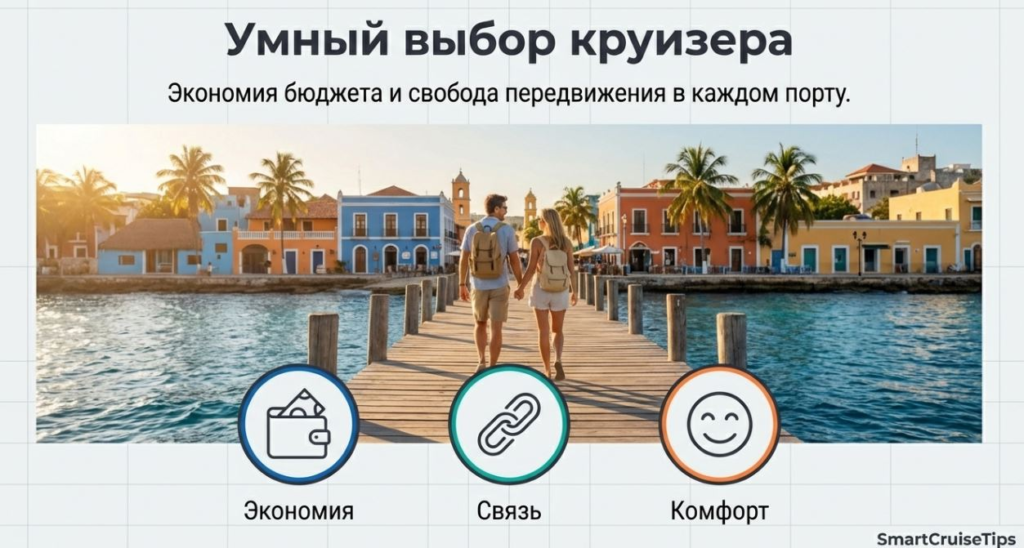 Couple walking hand-in-hand on a pier, surrounded by colorful buildings and palm trees, emphasizing smart cruise choices.