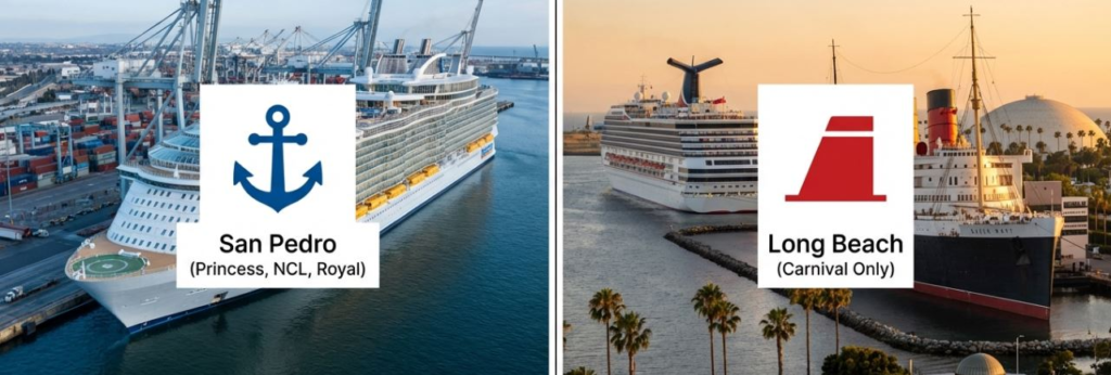 Cruise terminals in San Pedro and Long Beach, showcasing ships from Princess, NCL, Royal, and Carnival.