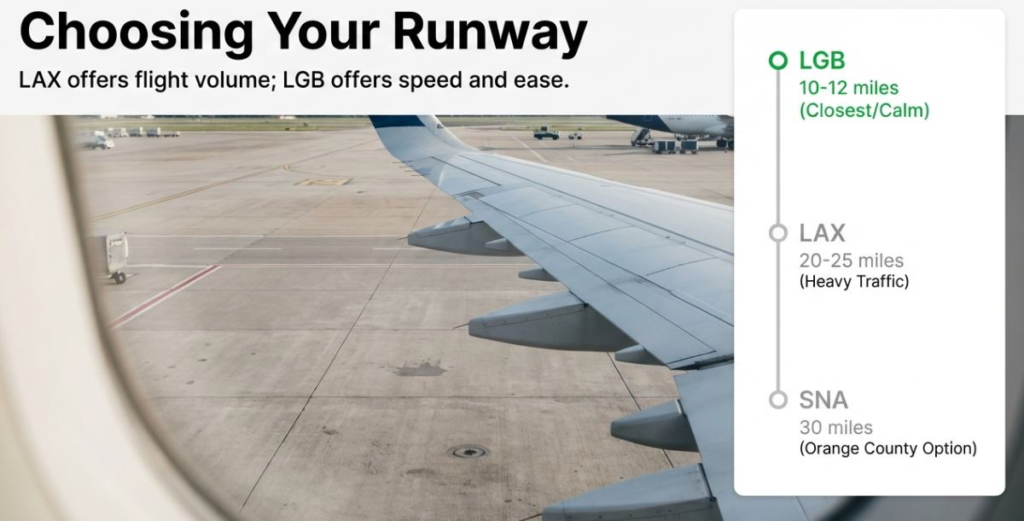 View from an airplane window showing runways at LAX, LGB, and SNA with distance and traffic details.
