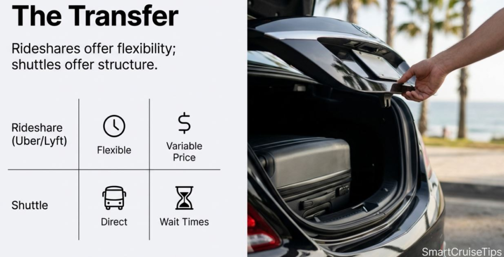 Graphic comparing rideshare flexibility and shuttle structure, showcasing pricing and wait times, with car trunk in the background.