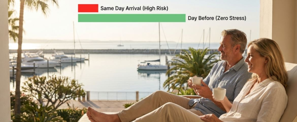 Couple enjoying coffee by the seaside, illustrating stress levels: same-day arrival (high risk) vs. day before (zero stress).