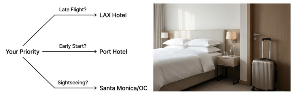 Infographic guide for choosing hotels near LAX or Santa Monica based on travel priorities, featuring a modern hotel room.