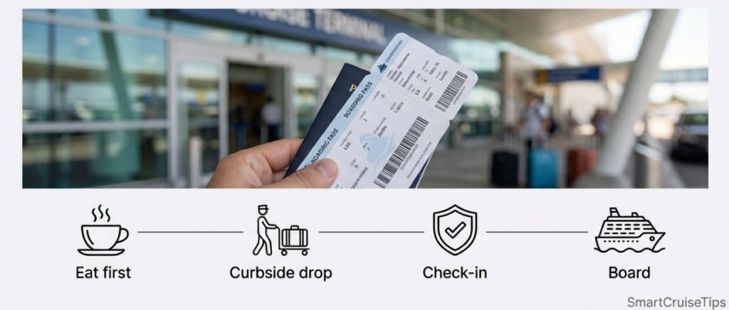 Passenger holding boarding passes outside the terminal, with icons illustrating travel steps: eat, curbside drop, check-in, board.