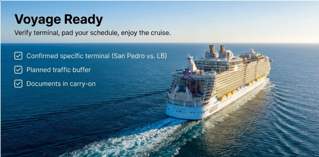 Cruise ship sailing in the ocean with text outlining preparation tips for a smooth voyage experience.