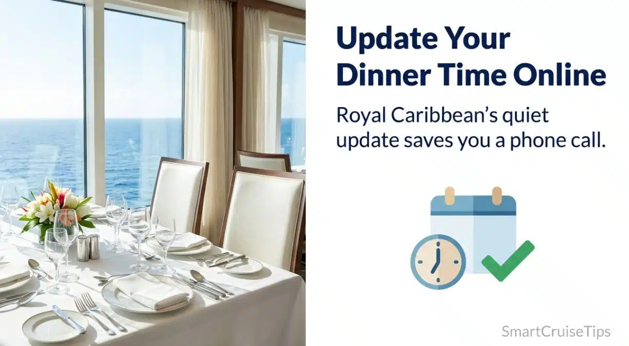 Elegant dining setup with ocean view, promoting Royal Caribbean's online dinner time update feature.