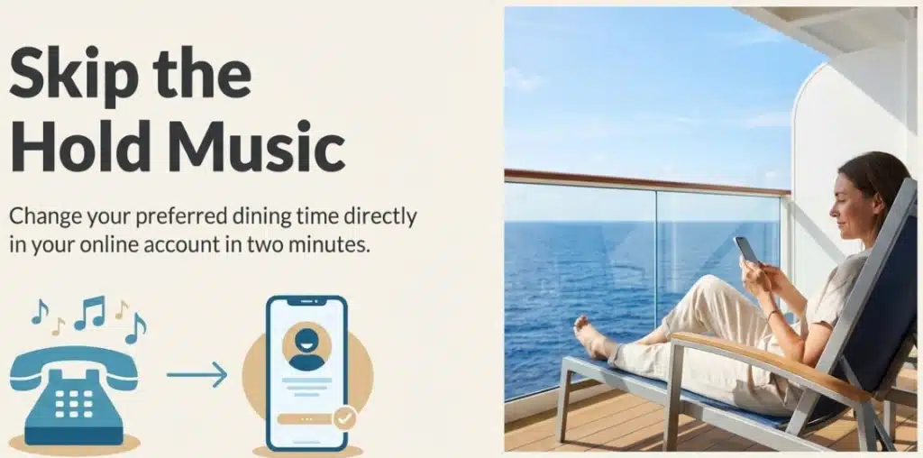 Woman relaxing on a balcony, managing dining preferences via her phone to avoid hold music. Enjoy hassle-free service!