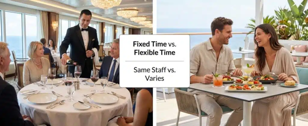 Elegant dining experience showcasing table service and casual dining options, emphasizing fixed vs. flexible meal times.