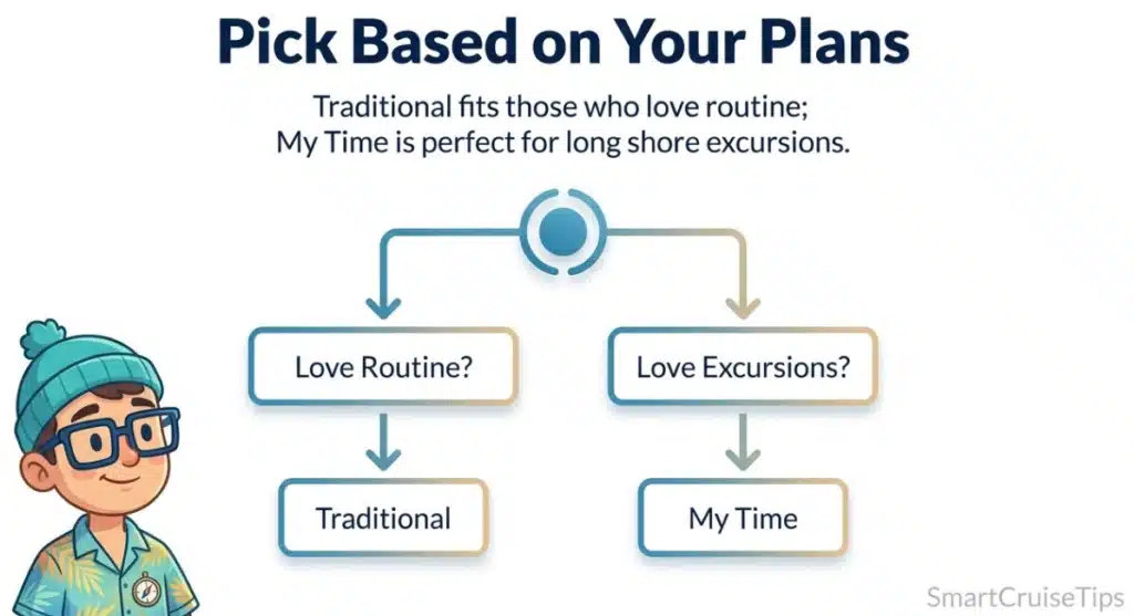 Flowchart comparing cruise options: choose 'Traditional' for routine or 'My Time' for excursions, enhancing travel experiences.