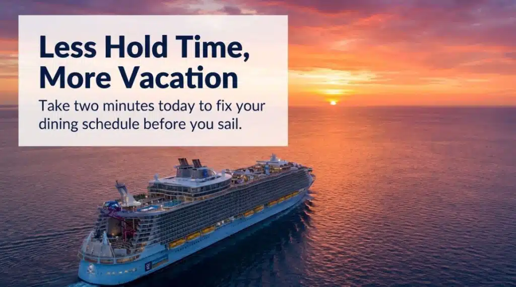 Cruise ship sailing at sunset with text promoting quick dining schedule adjustments for vacationers.