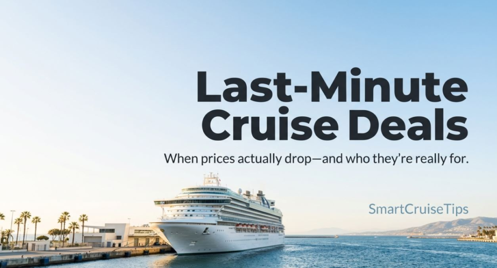 Last-minute cruise deals with a ship docked, highlighting price drops and tips for savvy travelers.
