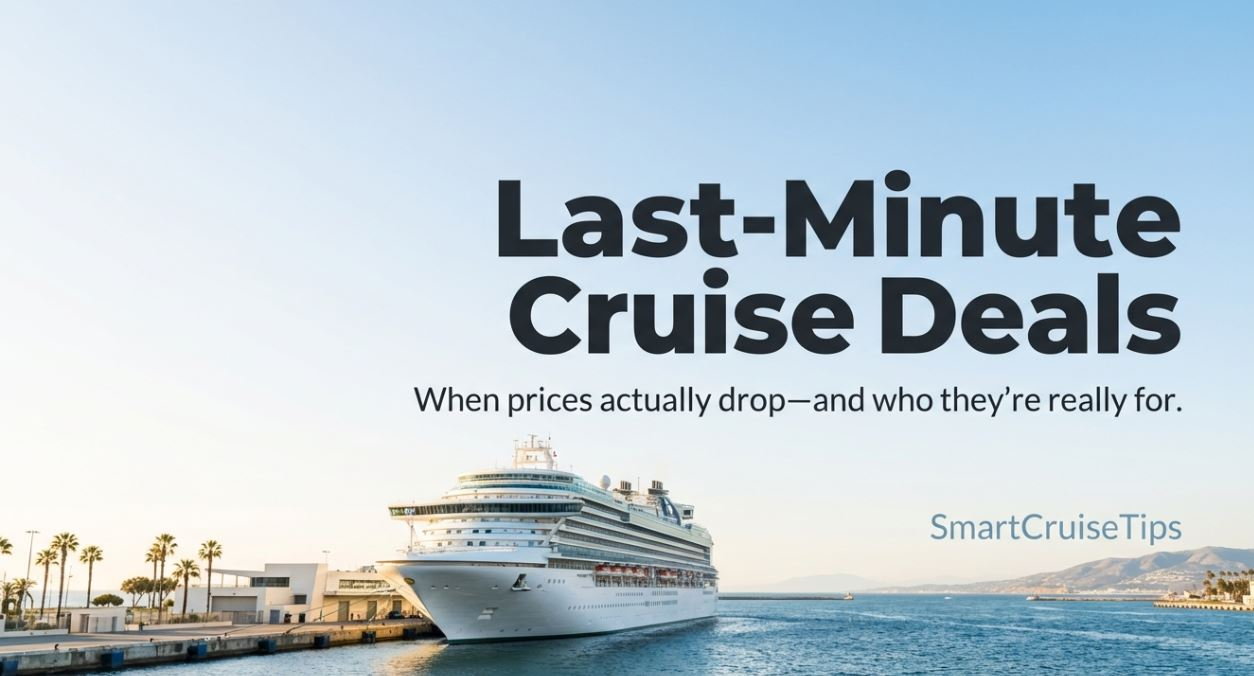 Last-minute cruise deals with a ship docked, highlighting price drops and tips for savvy travelers.