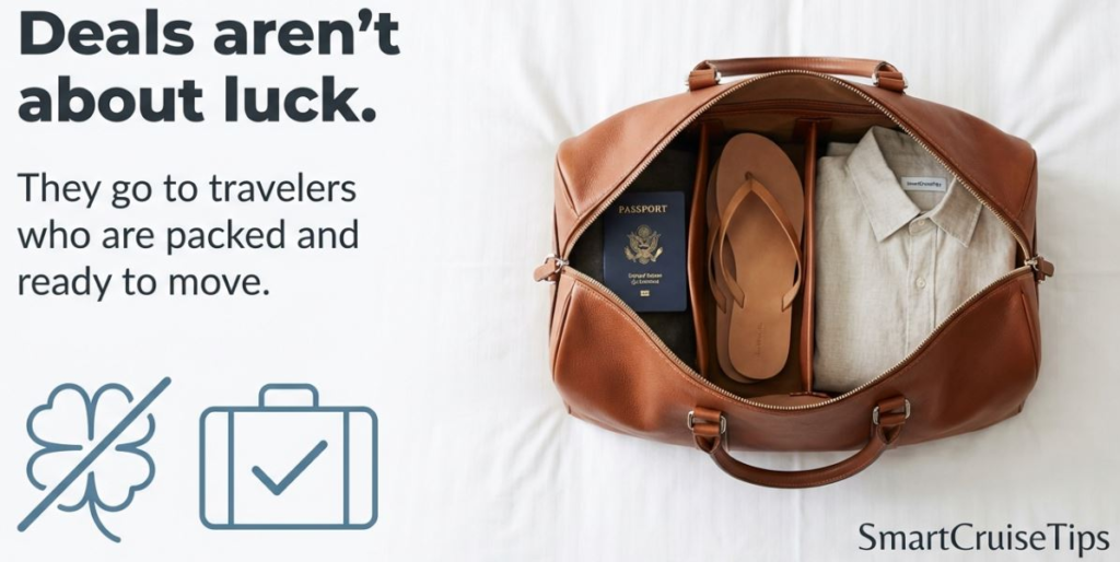 Packed travel bag with a passport, shirt, and flip-flops, emphasizing readiness for adventure without relying on luck.