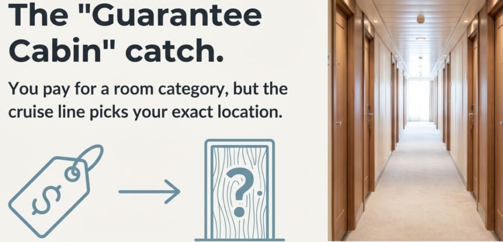 Image depicting a cruise ship hallway with text explaining 'Guarantee Cabin' pricing versus room location assignment.