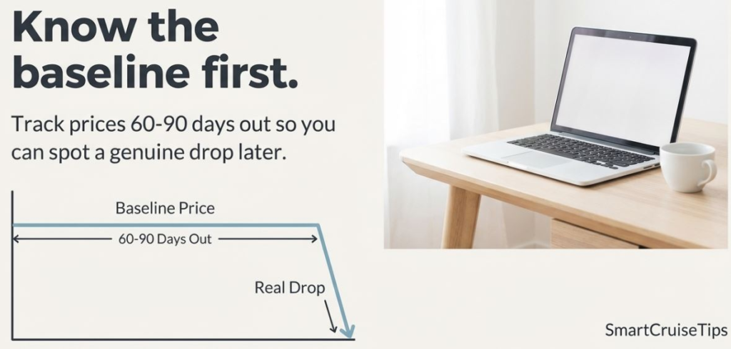 Graphic explaining how to track prices 60-90 days out for spotting genuine price drops.