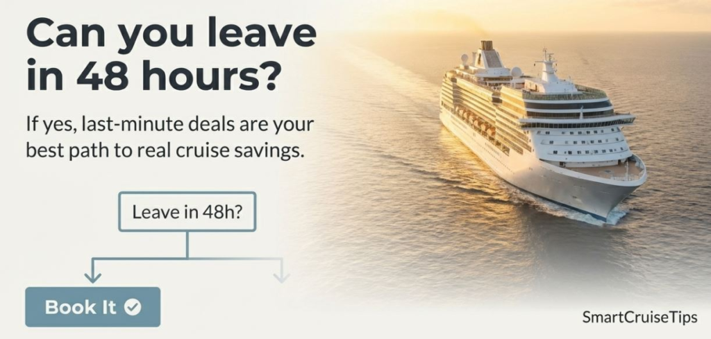 Last-minute cruise deals available! Leave in 48 hours for great savings on your next adventure.