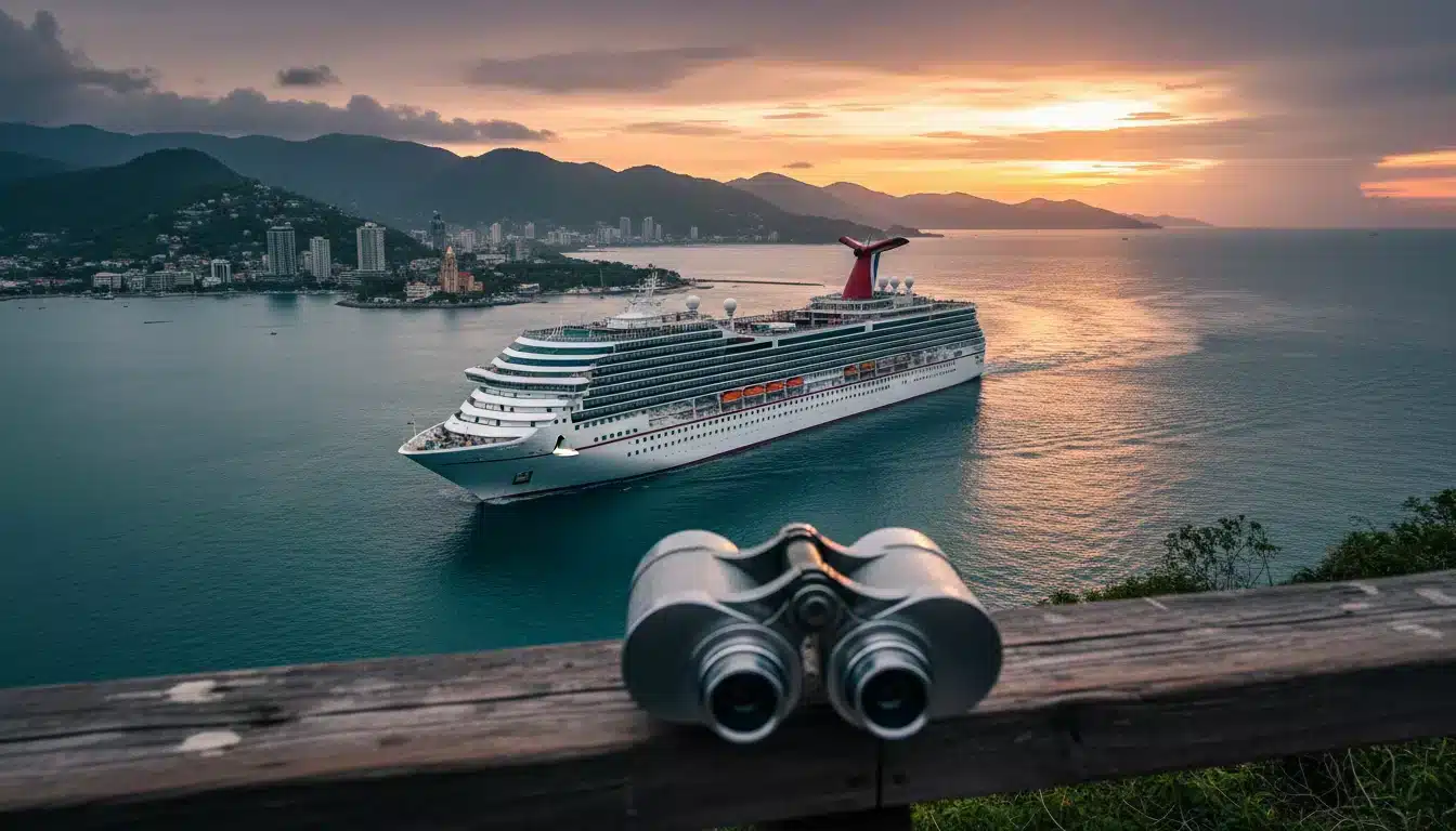 A cruise ship anchored in calm waters at sunset, viewed through binoculars overlooking a scenic coastal city.